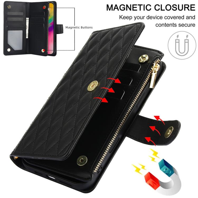 For iPhone 16 Pro Max YM016 Rhombic Zipper Card Wallet Leather Phone Case with Lanyard