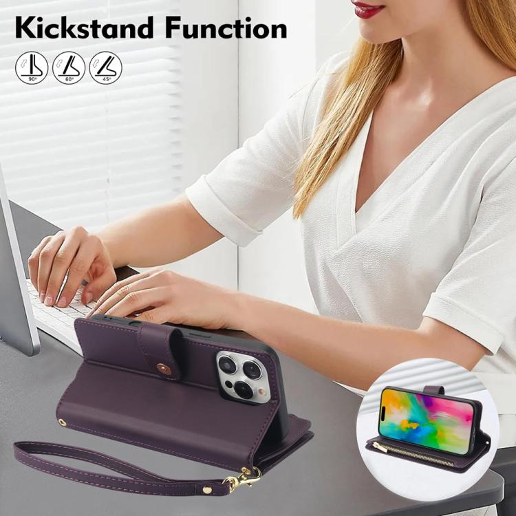For iPhone 16 Pro YM016 Rhombic Zipper Card Wallet Leather Phone Case with Lanyard