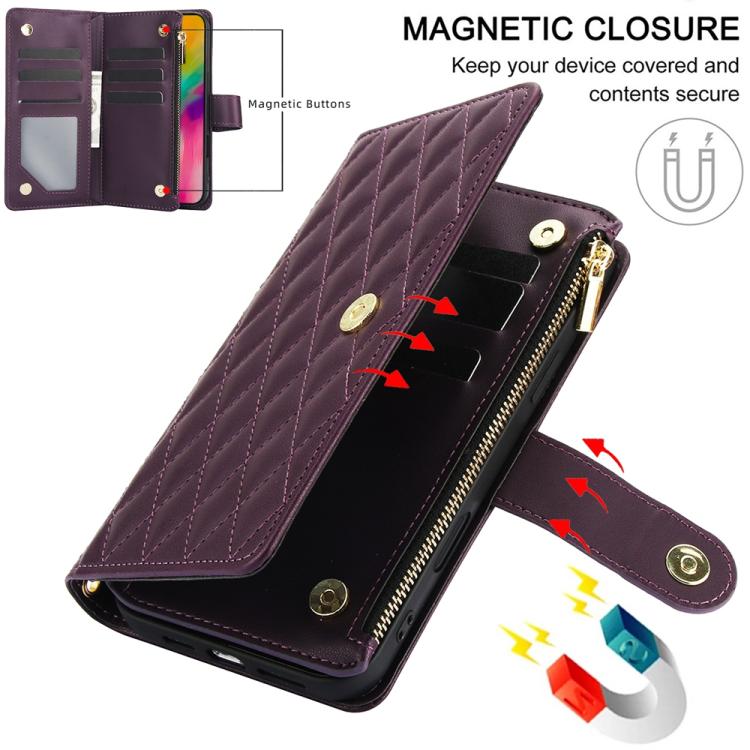 For iPhone 16 Pro YM016 Rhombic Zipper Card Wallet Leather Phone Case with Lanyard