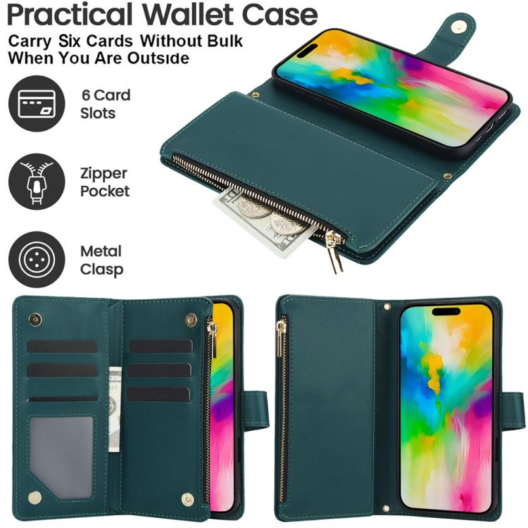 For iPhone 16 Pro YM016 Rhombic Zipper Card Wallet Leather Phone Case with Lanyard