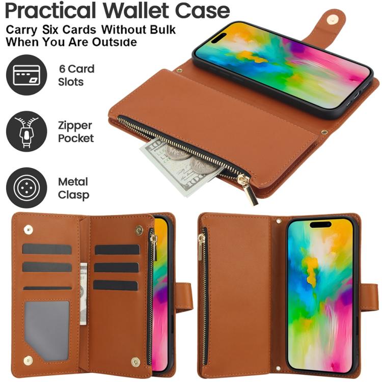 For iPhone 16 Pro YM016 Rhombic Zipper Card Wallet Leather Phone Case with Lanyard
