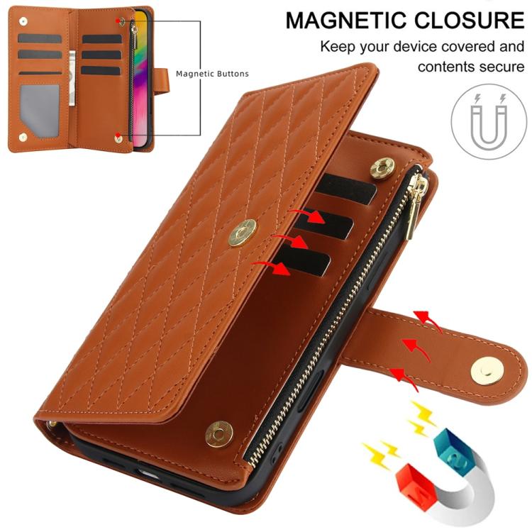 For iPhone 16 Pro YM016 Rhombic Zipper Card Wallet Leather Phone Case with Lanyard