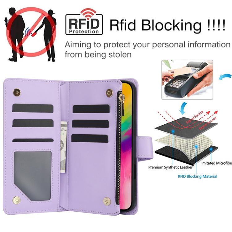 For iPhone 16 Pro YM016 Rhombic Zipper Card Wallet Leather Phone Case with Lanyard