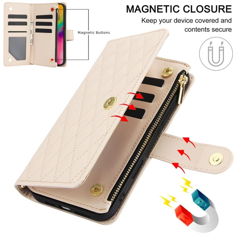 For iPhone 16 Pro YM016 Rhombic Zipper Card Wallet Leather Phone Case with Lanyard