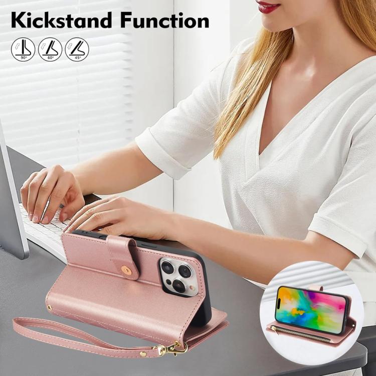 For iPhone 16 Pro YM016 Rhombic Zipper Card Wallet Leather Phone Case with Lanyard