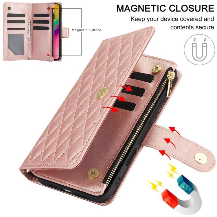 For iPhone 16 Pro YM016 Rhombic Zipper Card Wallet Leather Phone Case with Lanyard