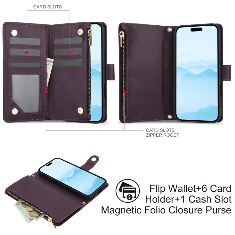 For iPhone 16 Plus YM016 Rhombic Zipper Card Wallet Leather Phone Case with Lanyard