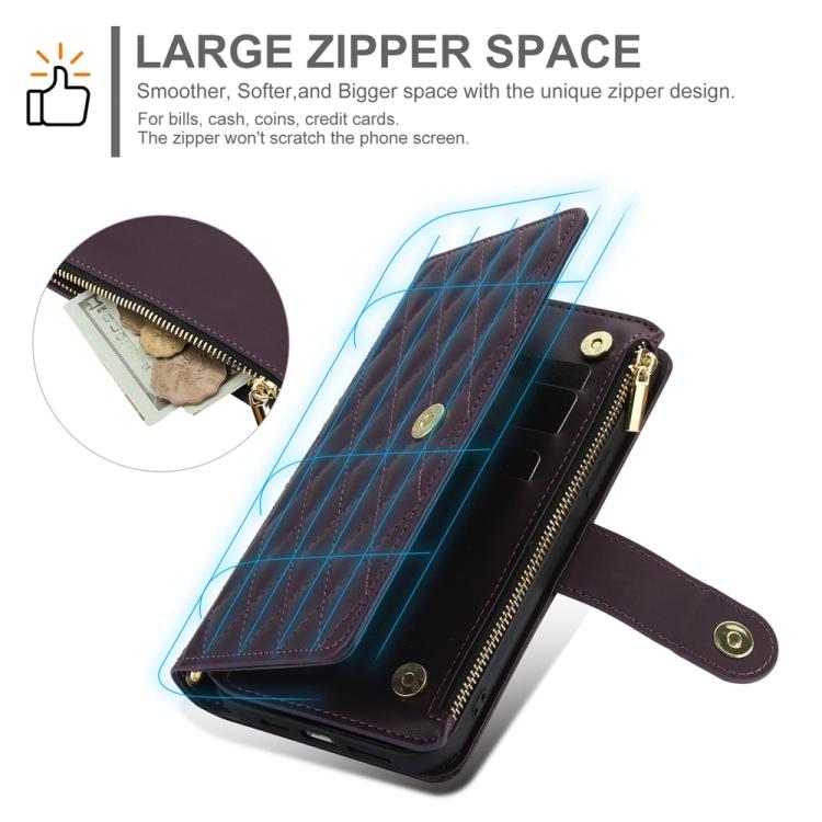 For iPhone 16 Plus YM016 Rhombic Zipper Card Wallet Leather Phone Case with Lanyard