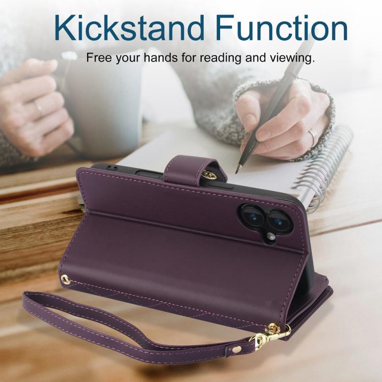 For iPhone 16 Plus YM016 Rhombic Zipper Card Wallet Leather Phone Case with Lanyard