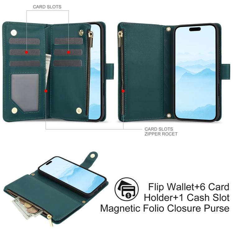 For iPhone 16 Plus YM016 Rhombic Zipper Card Wallet Leather Phone Case with Lanyard