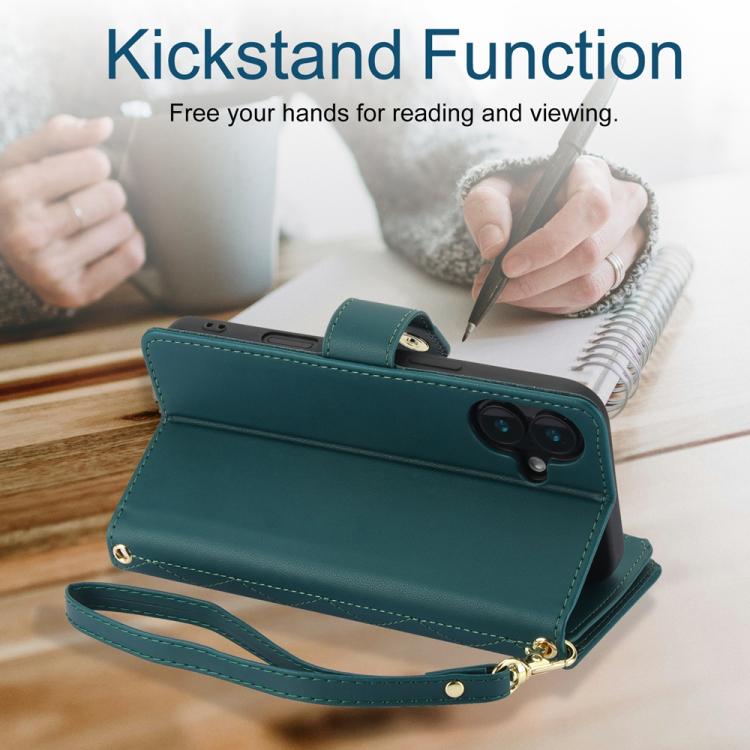 For iPhone 16 Plus YM016 Rhombic Zipper Card Wallet Leather Phone Case with Lanyard