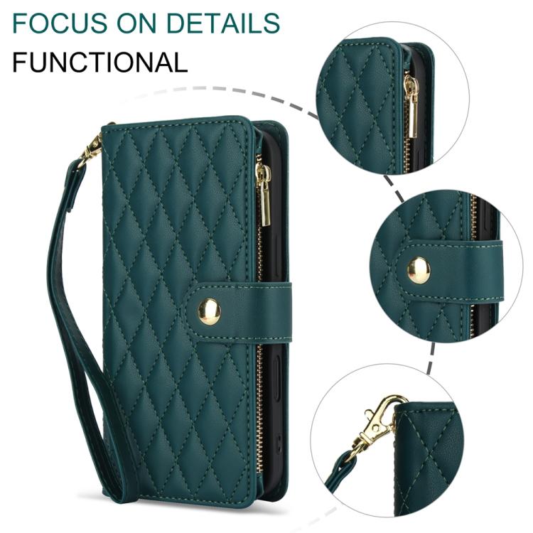For iPhone 16 Plus YM016 Rhombic Zipper Card Wallet Leather Phone Case with Lanyard
