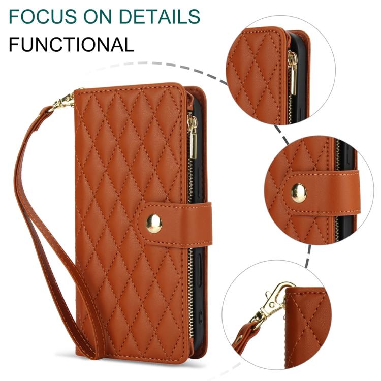 For iPhone 16 Plus YM016 Rhombic Zipper Card Wallet Leather Phone Case with Lanyard