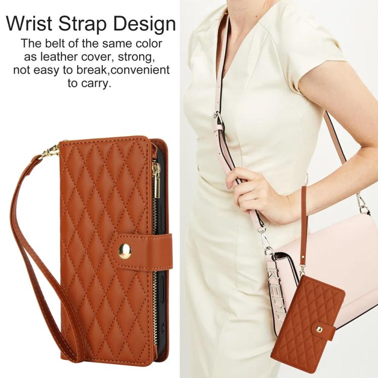 For iPhone 16 Plus YM016 Rhombic Zipper Card Wallet Leather Phone Case with Lanyard