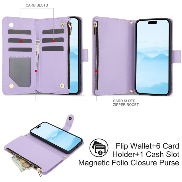 For iPhone 16 Plus YM016 Rhombic Zipper Card Wallet Leather Phone Case with Lanyard