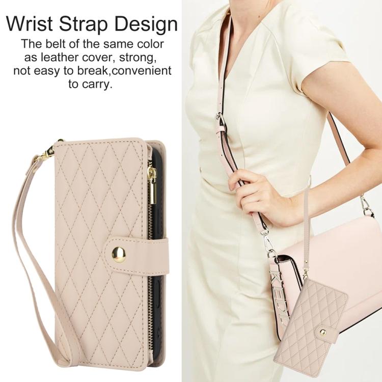For iPhone 16 Plus YM016 Rhombic Zipper Card Wallet Leather Phone Case with Lanyard