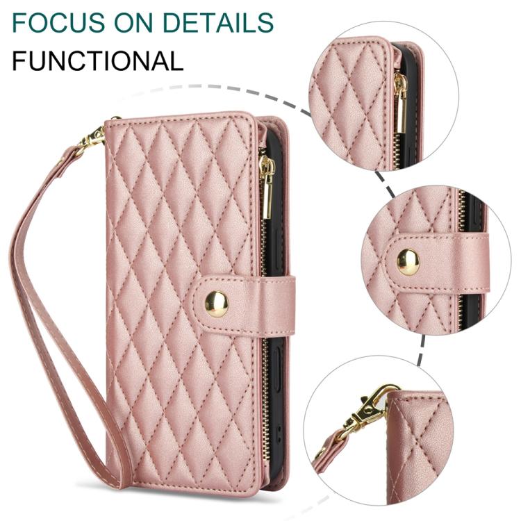 For iPhone 16 Plus YM016 Rhombic Zipper Card Wallet Leather Phone Case with Lanyard