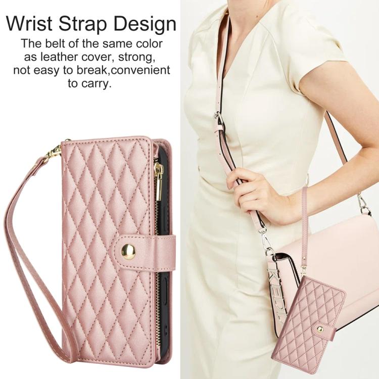 For iPhone 16 Plus YM016 Rhombic Zipper Card Wallet Leather Phone Case with Lanyard