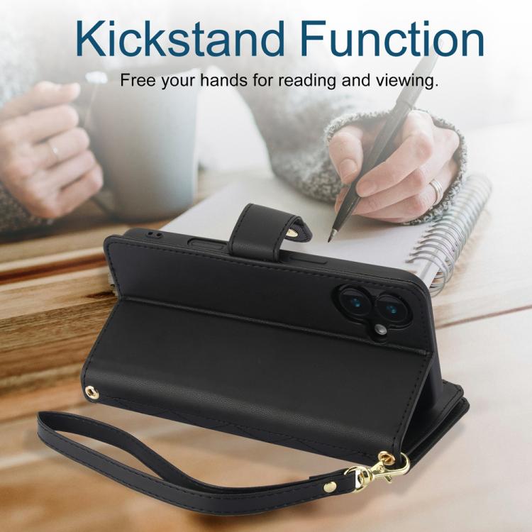 For iPhone 16 Plus YM016 Rhombic Zipper Card Wallet Leather Phone Case with Lanyard