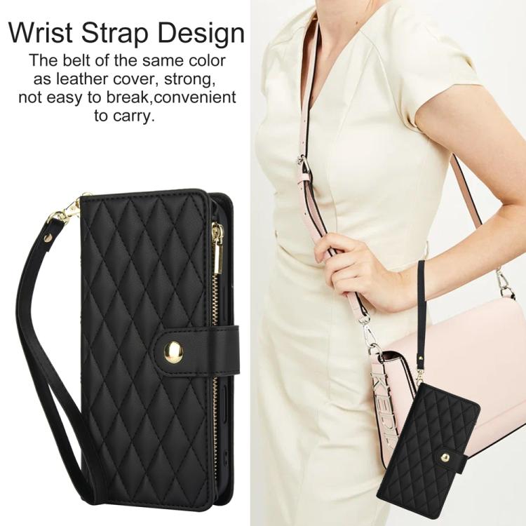 For iPhone 16 Plus YM016 Rhombic Zipper Card Wallet Leather Phone Case with Lanyard