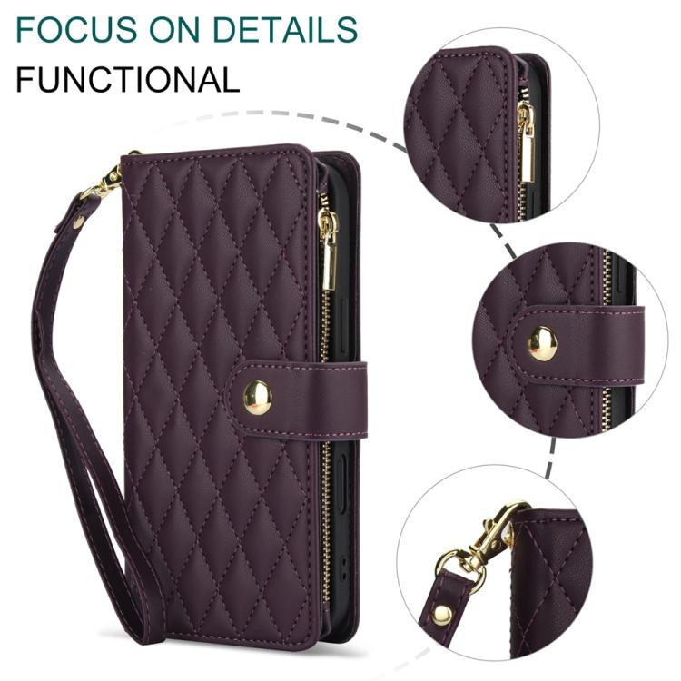 For iPhone 16 YM016 Rhombic Zipper Card Wallet Leather Phone Case with Lanyard
