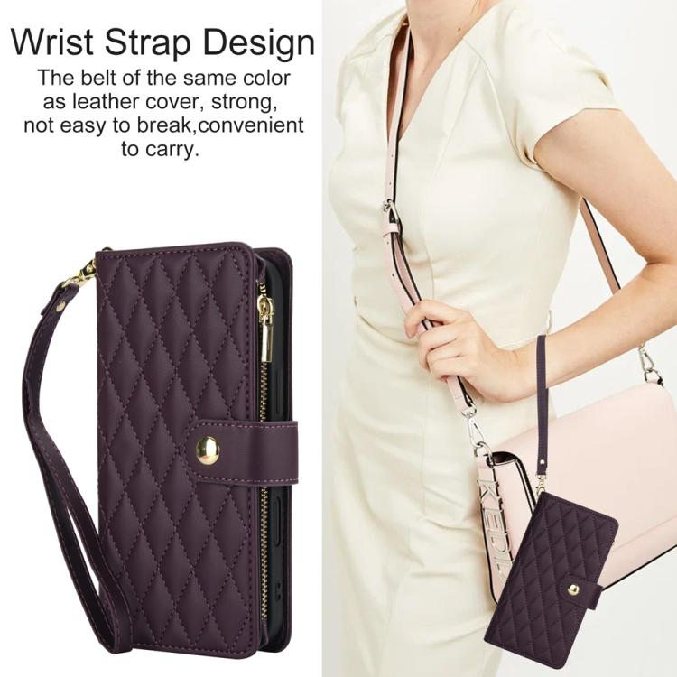 For iPhone 16 YM016 Rhombic Zipper Card Wallet Leather Phone Case with Lanyard