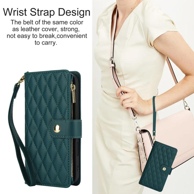 For iPhone 16 YM016 Rhombic Zipper Card Wallet Leather Phone Case with Lanyard