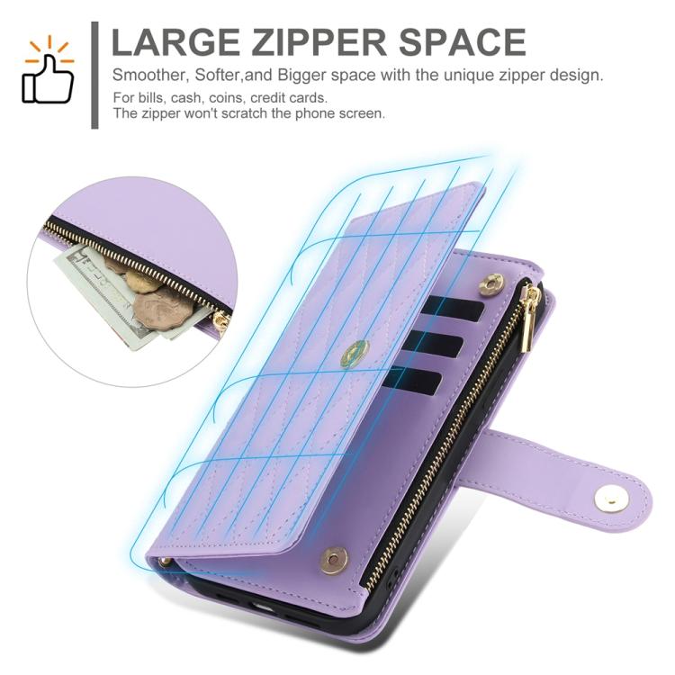 For iPhone 16 YM016 Rhombic Zipper Card Wallet Leather Phone Case with Lanyard