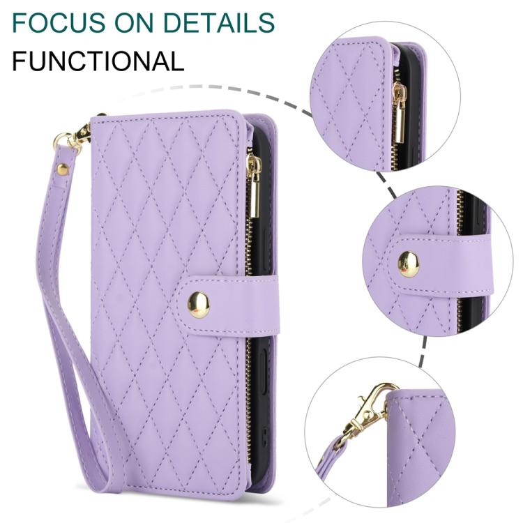 For iPhone 16 YM016 Rhombic Zipper Card Wallet Leather Phone Case with Lanyard