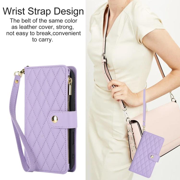 For iPhone 16 YM016 Rhombic Zipper Card Wallet Leather Phone Case with Lanyard