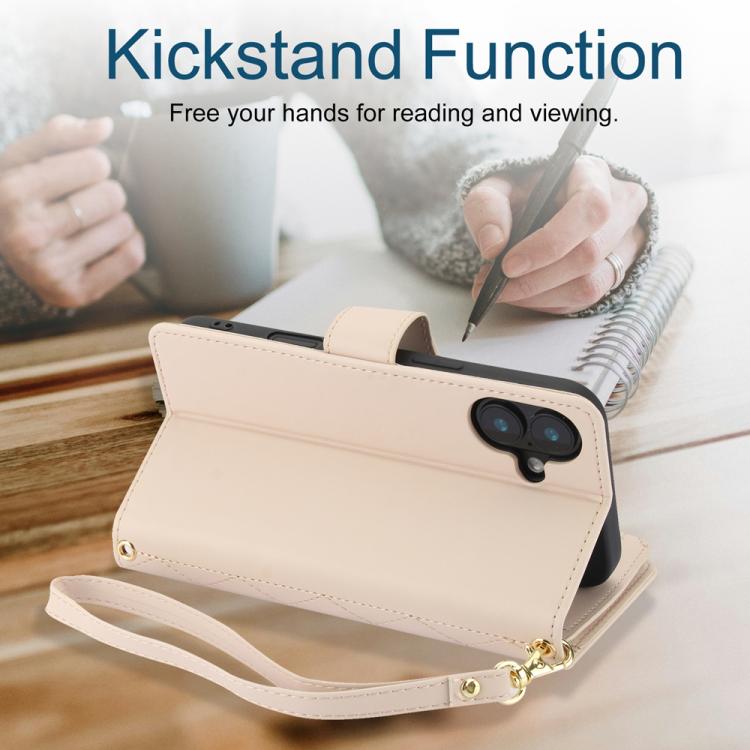 For iPhone 16 YM016 Rhombic Zipper Card Wallet Leather Phone Case with Lanyard