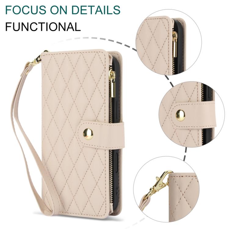 For iPhone 16 YM016 Rhombic Zipper Card Wallet Leather Phone Case with Lanyard