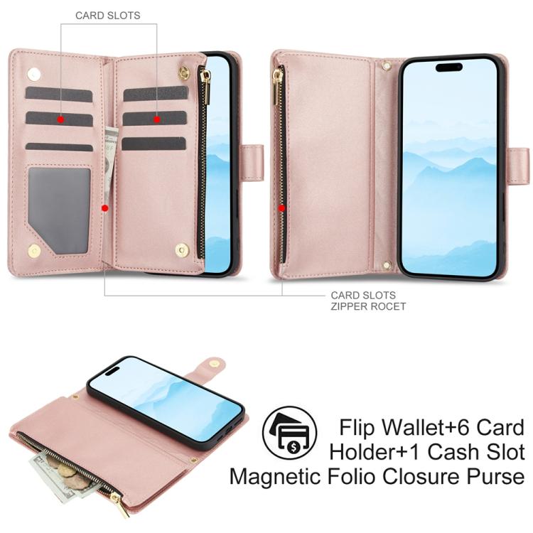 For iPhone 16 YM016 Rhombic Zipper Card Wallet Leather Phone Case with Lanyard