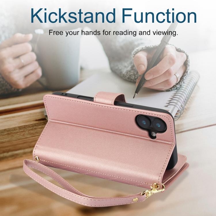 For iPhone 16 YM016 Rhombic Zipper Card Wallet Leather Phone Case with Lanyard
