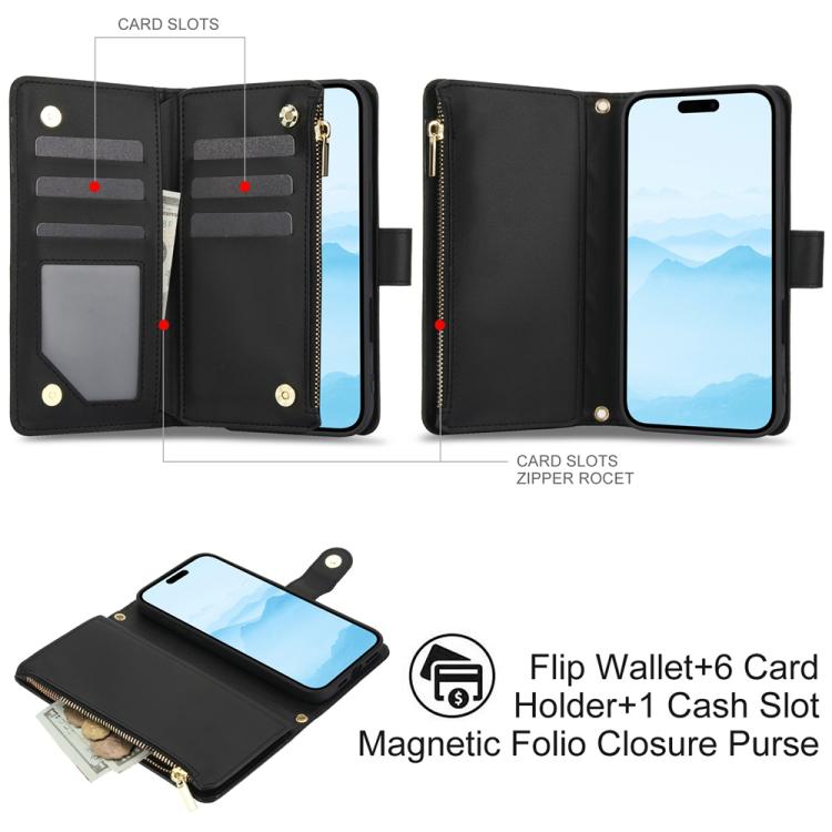 For iPhone 16 YM016 Rhombic Zipper Card Wallet Leather Phone Case with Lanyard