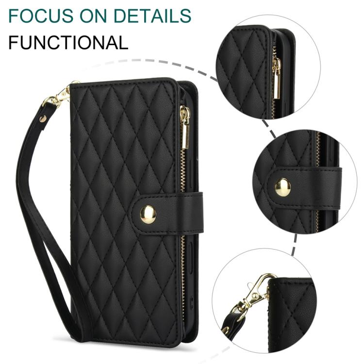 For iPhone 16 YM016 Rhombic Zipper Card Wallet Leather Phone Case with Lanyard