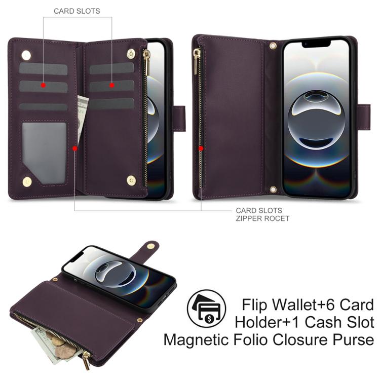 For iPhone 17e / 16e YM016 Rhombic Zipper Card Wallet Leather Phone Case with Lanyard