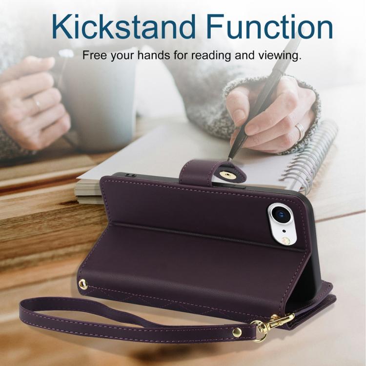 For iPhone 17e / 16e YM016 Rhombic Zipper Card Wallet Leather Phone Case with Lanyard
