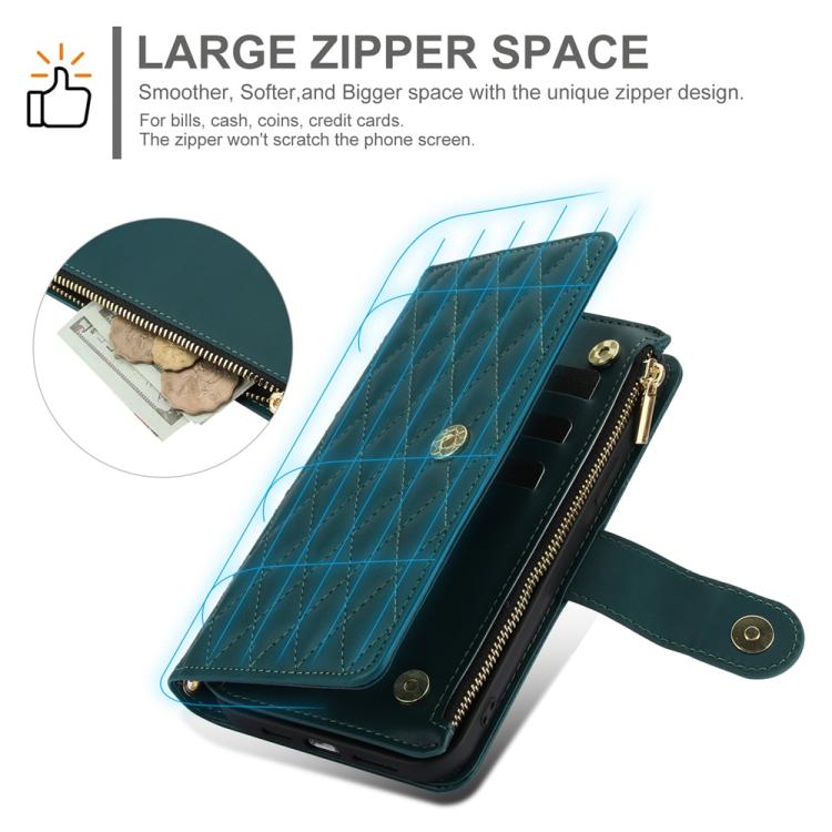 For iPhone 17e / 16e YM016 Rhombic Zipper Card Wallet Leather Phone Case with Lanyard