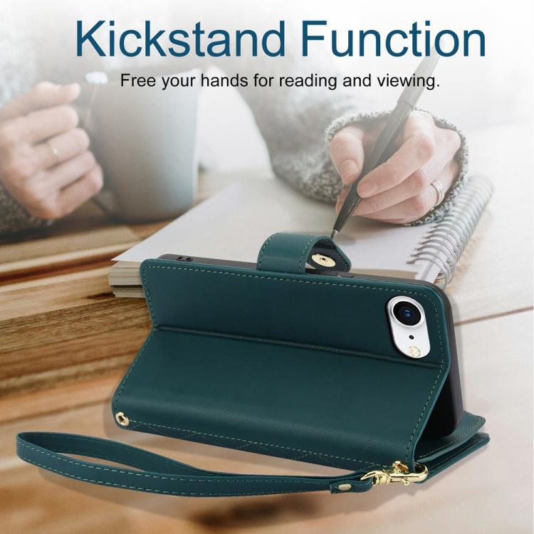 For iPhone 17e / 16e YM016 Rhombic Zipper Card Wallet Leather Phone Case with Lanyard