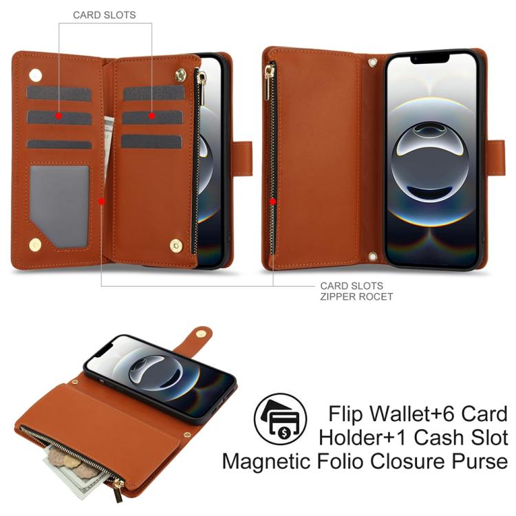 For iPhone 17e / 16e YM016 Rhombic Zipper Card Wallet Leather Phone Case with Lanyard