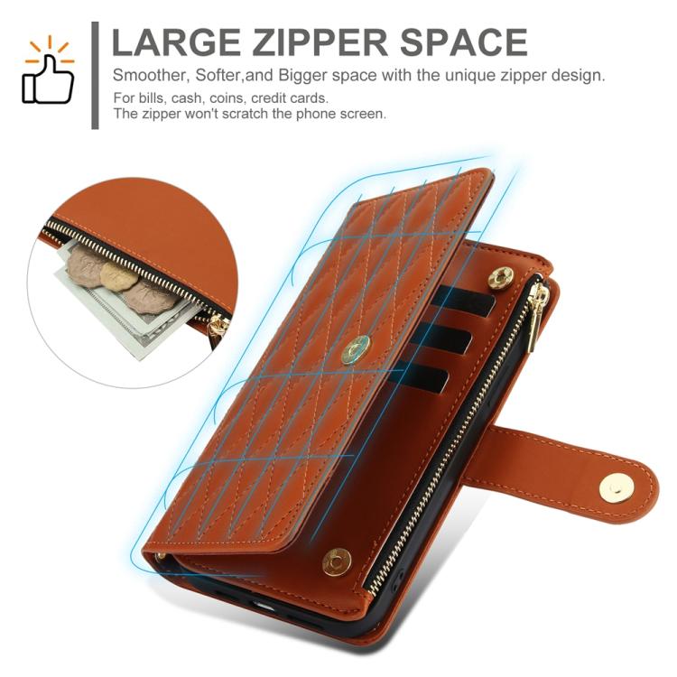 For iPhone 17e / 16e YM016 Rhombic Zipper Card Wallet Leather Phone Case with Lanyard