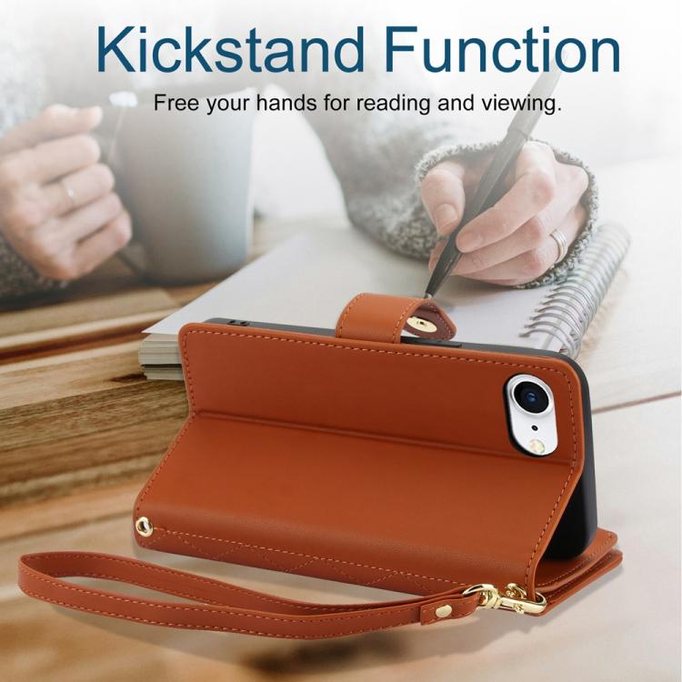 For iPhone 17e / 16e YM016 Rhombic Zipper Card Wallet Leather Phone Case with Lanyard