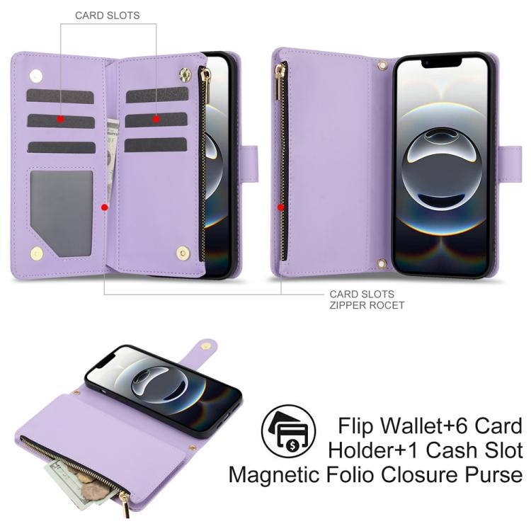 For iPhone 17e / 16e YM016 Rhombic Zipper Card Wallet Leather Phone Case with Lanyard