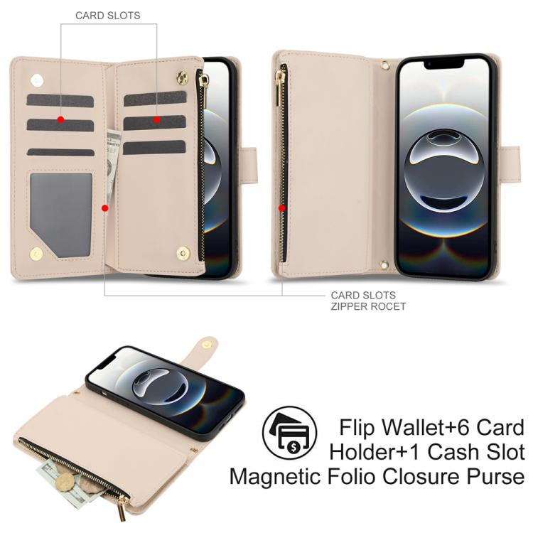 For iPhone 17e / 16e YM016 Rhombic Zipper Card Wallet Leather Phone Case with Lanyard
