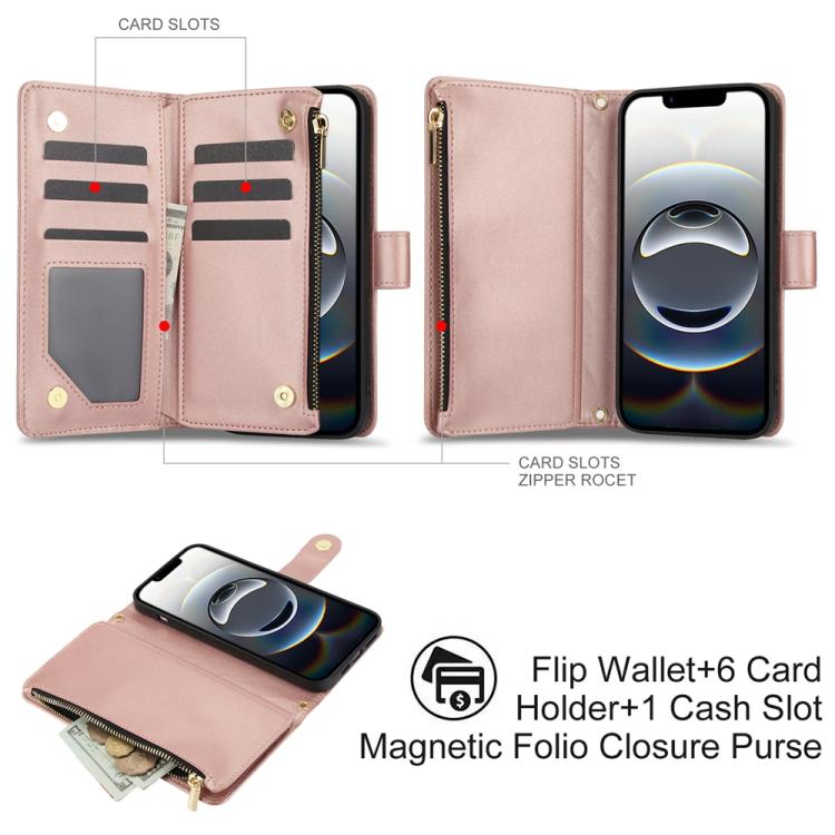 For iPhone 17e / 16e YM016 Rhombic Zipper Card Wallet Leather Phone Case with Lanyard