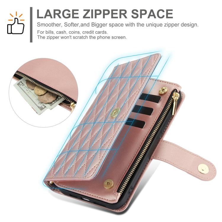 For iPhone 17e / 16e YM016 Rhombic Zipper Card Wallet Leather Phone Case with Lanyard