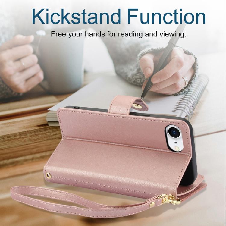 For iPhone 17e / 16e YM016 Rhombic Zipper Card Wallet Leather Phone Case with Lanyard