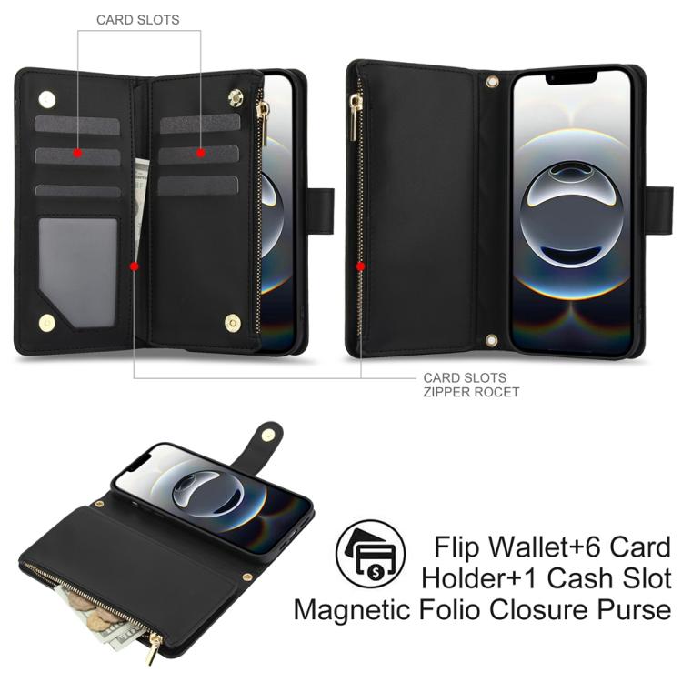 For iPhone 17e / 16e YM016 Rhombic Zipper Card Wallet Leather Phone Case with Lanyard