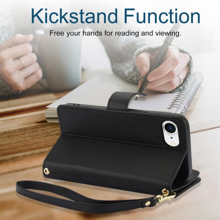 For iPhone 17e / 16e YM016 Rhombic Zipper Card Wallet Leather Phone Case with Lanyard